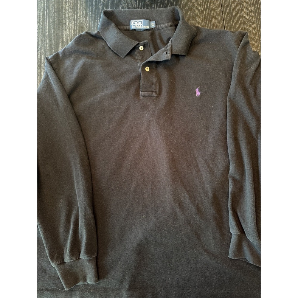 Polo Ralph Lauren Mens Black Long Sleeve Polo Shirt 2XL Big Purple Pony Logo